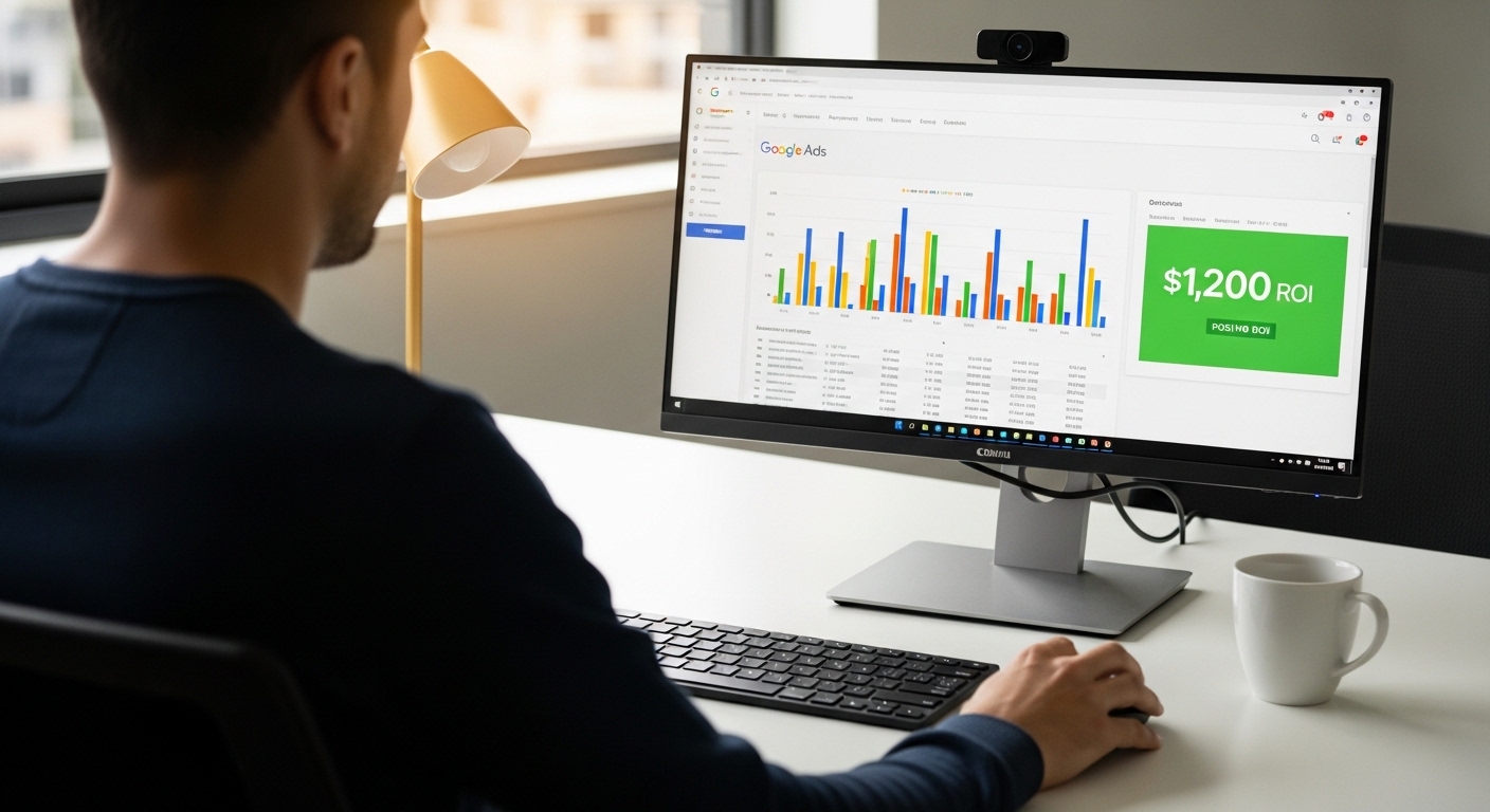 Digital marketer reviewing Google Ads campaign performance on monitor