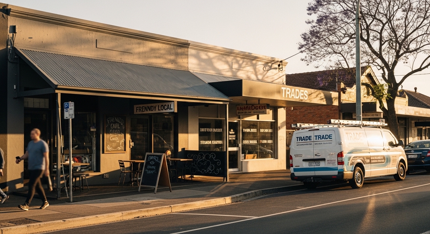 Australian suburban commercial strip with local businesses at golden hour