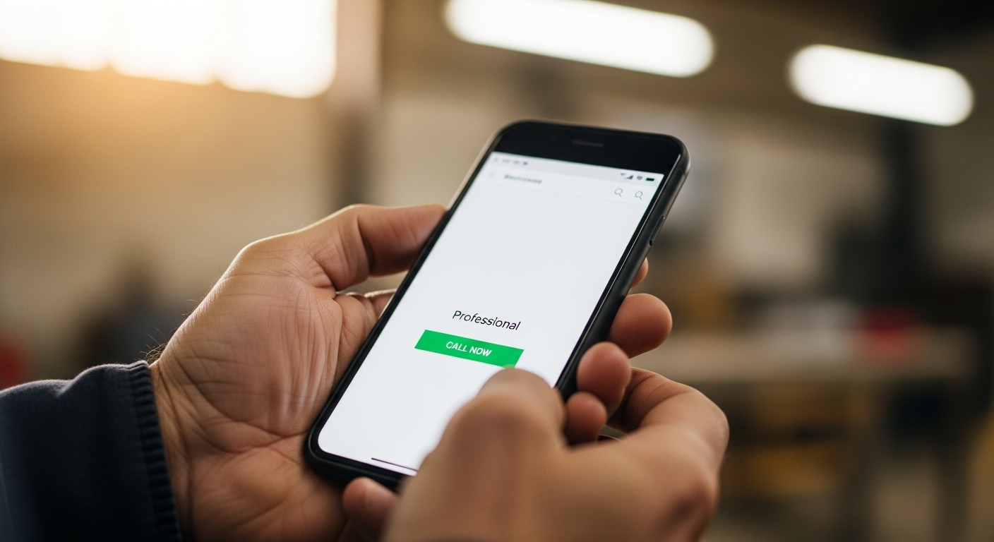 Business owner holding smartphone showing website with Call Now button